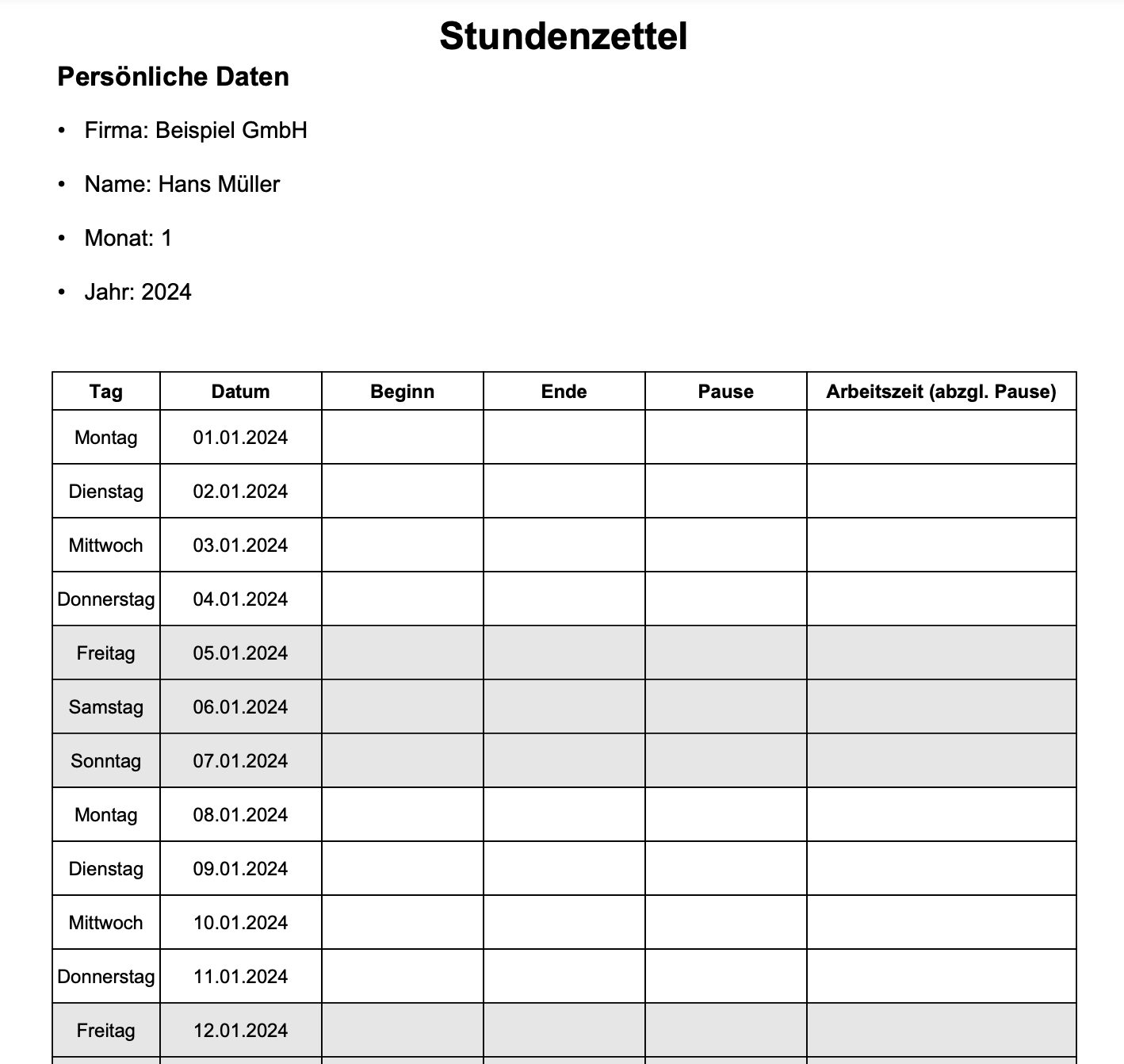 Stundenzettel vorlagen f r die arbeitszeiterfassung pdf und excel